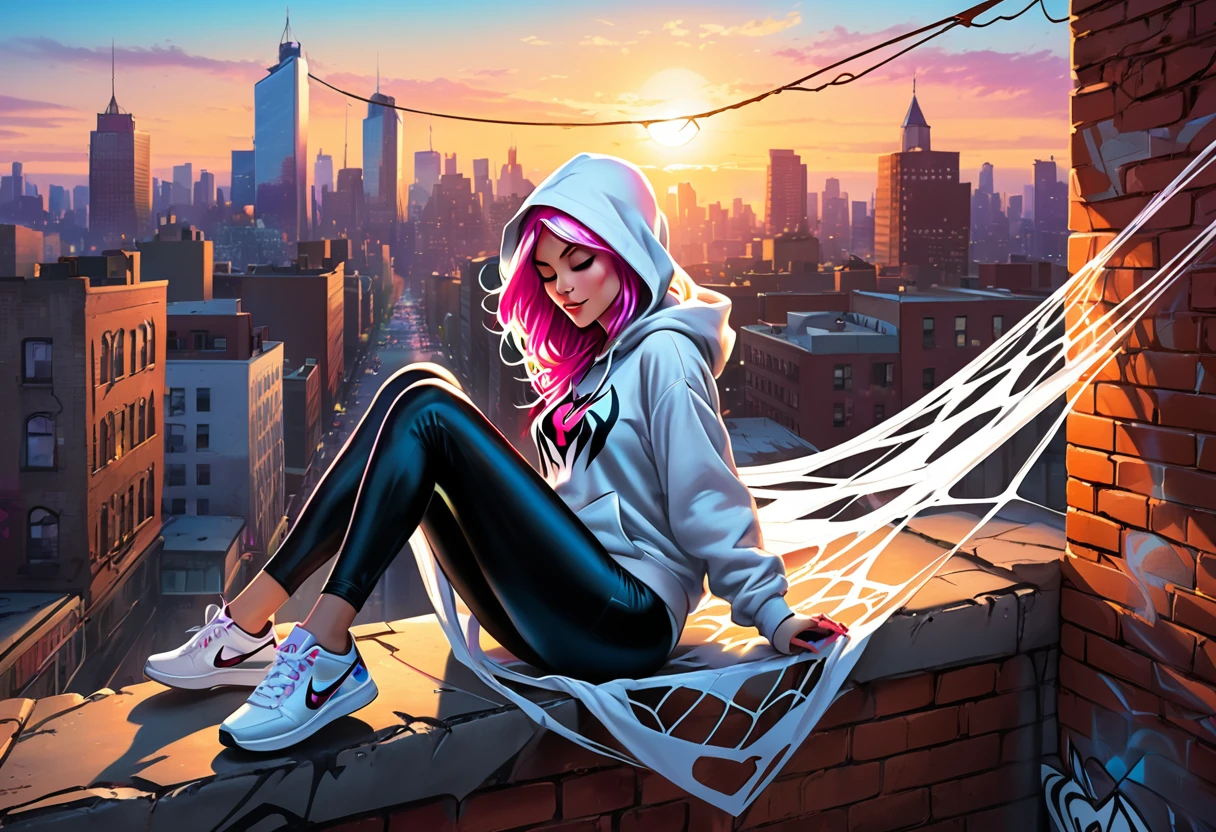 graffiti, pastel, graffiti on brick wall, spray paint on wall, colorful graffiti, street art, Spider Gwen lying in white web hammock, Spider Gwen outfit, skyscraper roof, seductive, hoodie, tight clothes, sneakers, attractive body, sunset, glow, fantasy, magical,