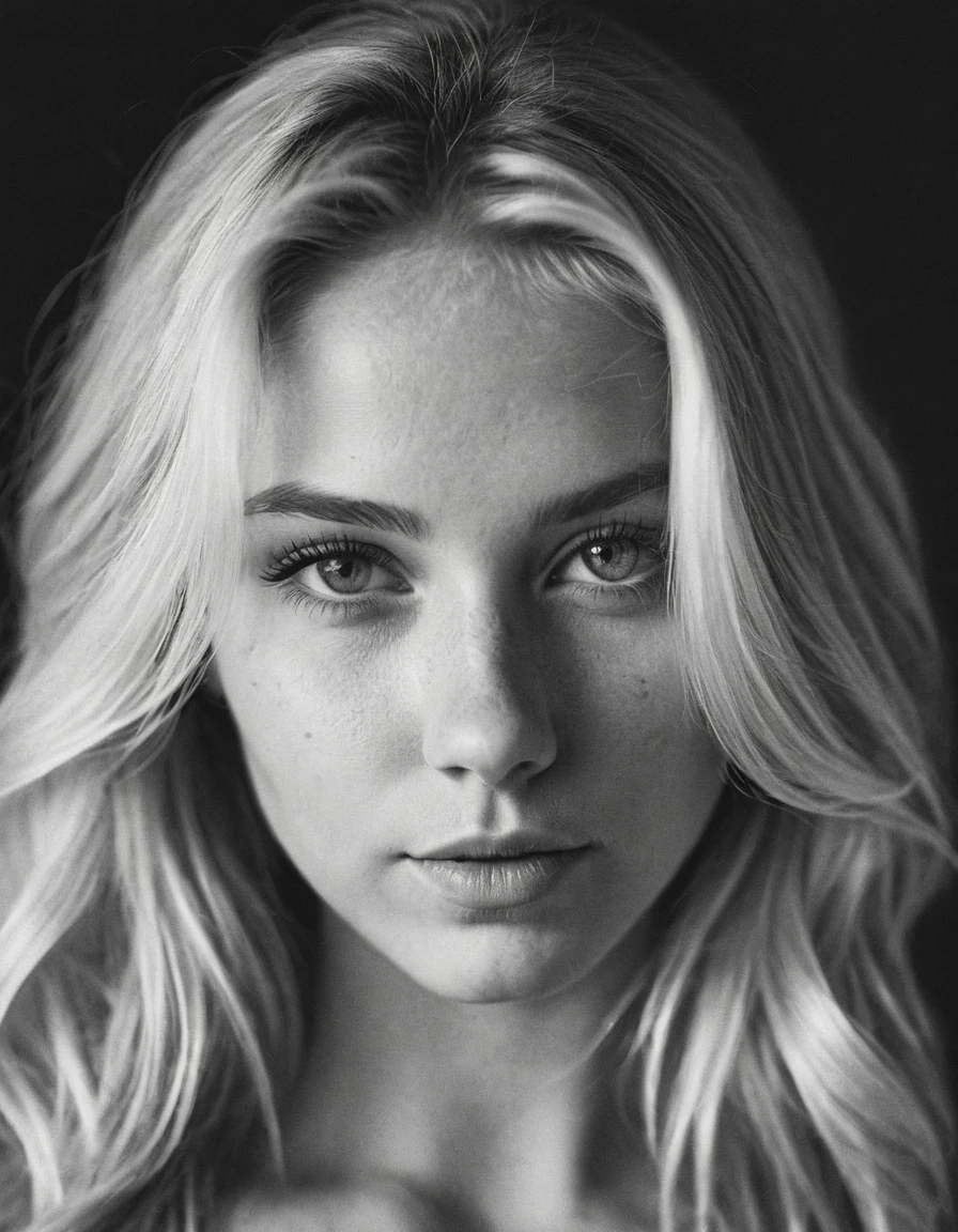b&w, instagram photo, portrait photo of 26 y.o blonde woman, perfect detailed eyes, natural skin, hard shadows, film grain