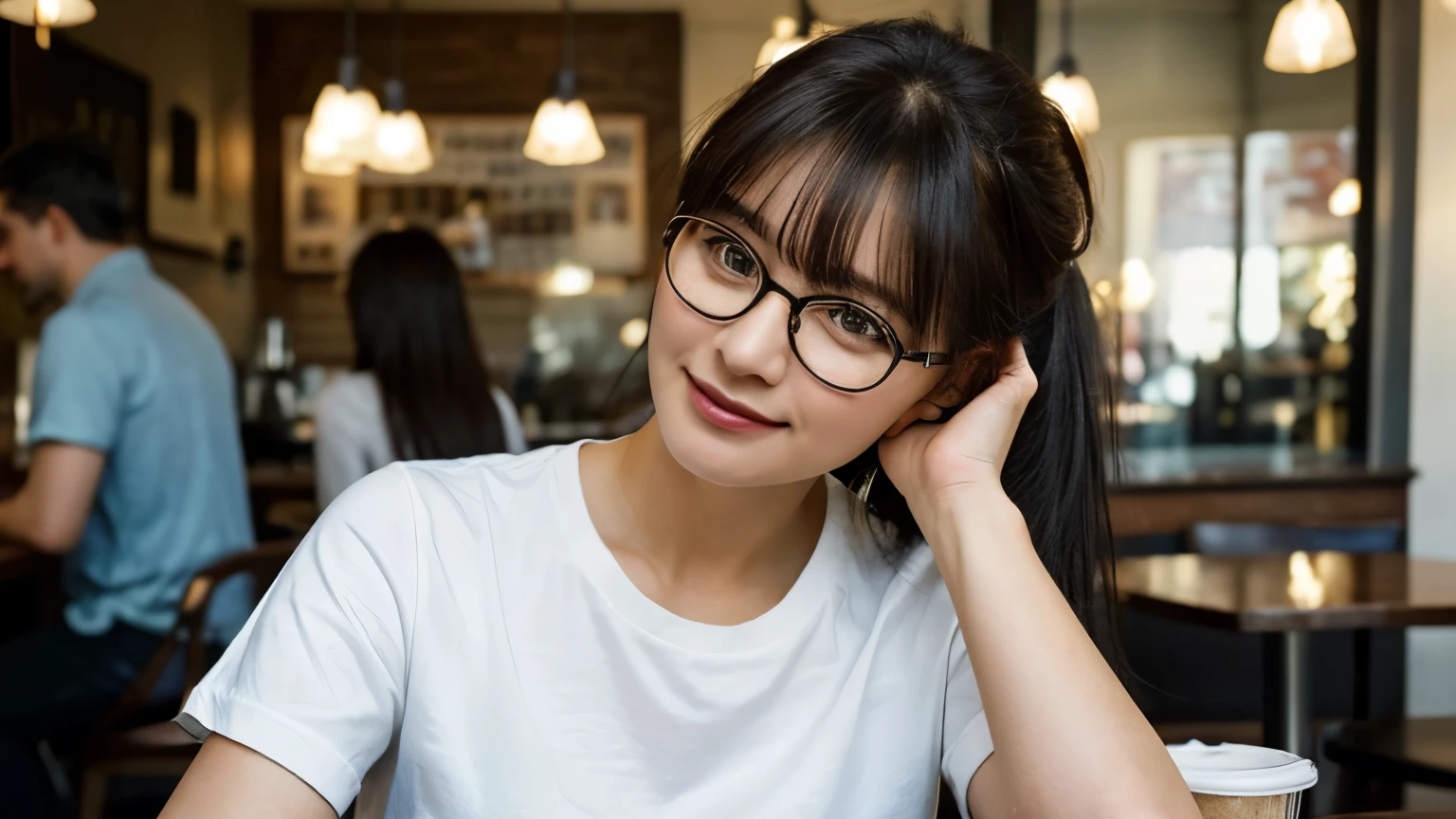 Masterpiece, top quality, Create a high-quality, hyper-realistic, and beautifully styled image of a 30-year-old cute woman. She has along ponytail and choppy bangs, black hair, thick frame glasses,and is dressed in a white short-sleeve shirt, blue denim shorts, and canvas shoes . greet everyone with a joyful expression, dynamic, highly detailed, concept art, smooth, sharp focus. upper body, in the coffee shop. Negative prompts