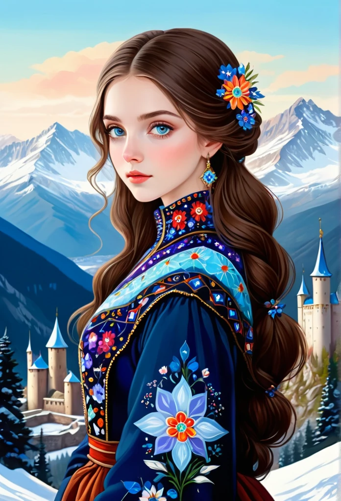 Millefiori glass style,((masterpiece)),best quality, illustration, dark, 1 Girl, In the wilderness,Mountain High,Snow-capped mountains in the distance, castle, Beautiful and delicate eyes, beautiful fine hair,
