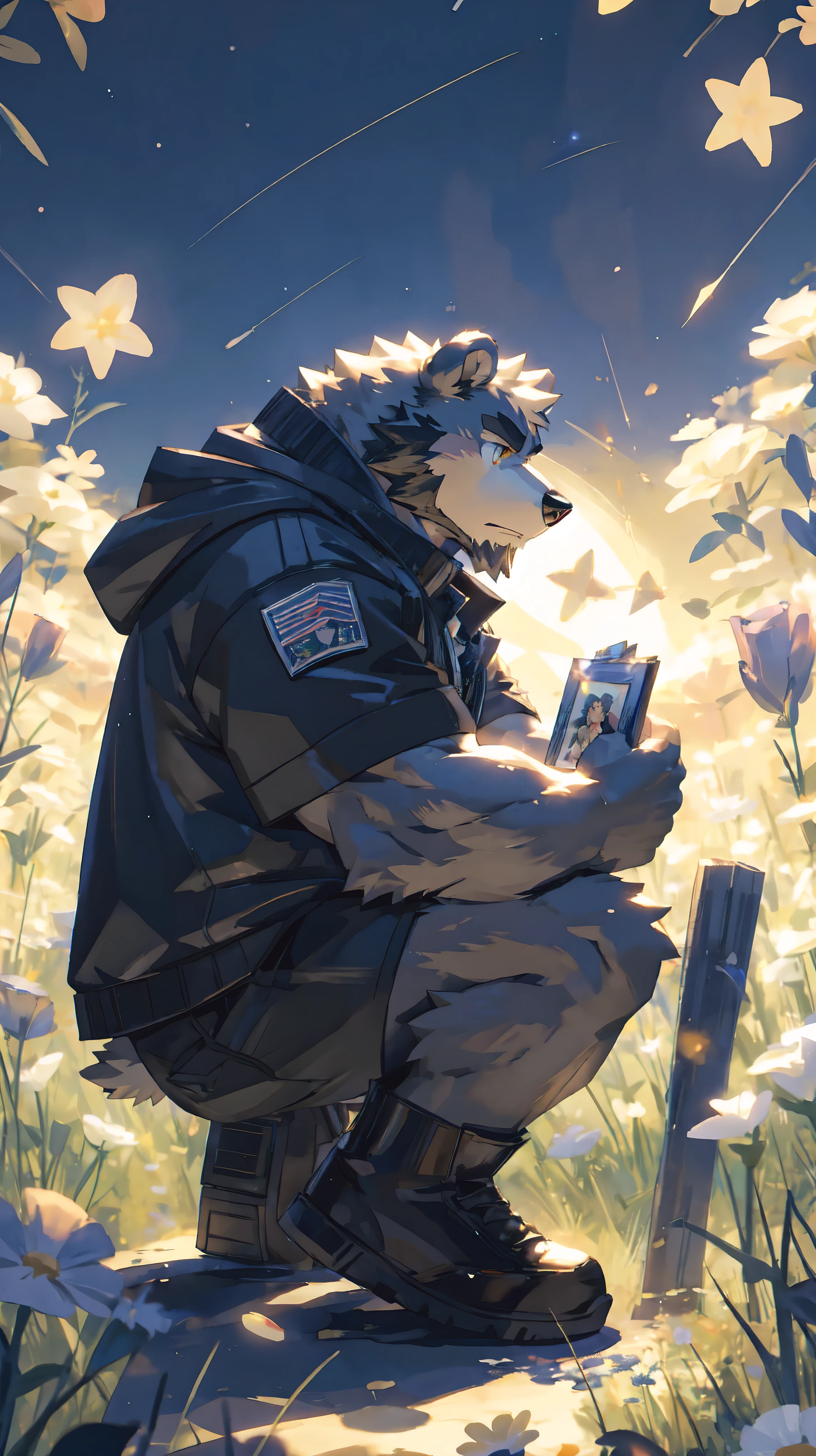 (masterpiece:1.2), best quality,pixiv,official art,perfect anatomy, (Ray tracing, light),solo, (1_male:1.3) , (muscle), (grey fur:1.4), (muscle bear), (beard:1.2), (gleaming golden eyes), bear tail, full body, Thick black eyebrows, bomber jacket, white t-shirt, shorts, black short boots, black socks, (pure white background: 1.3), flower field, starry ,star,side view,hold a photo ,unhappy