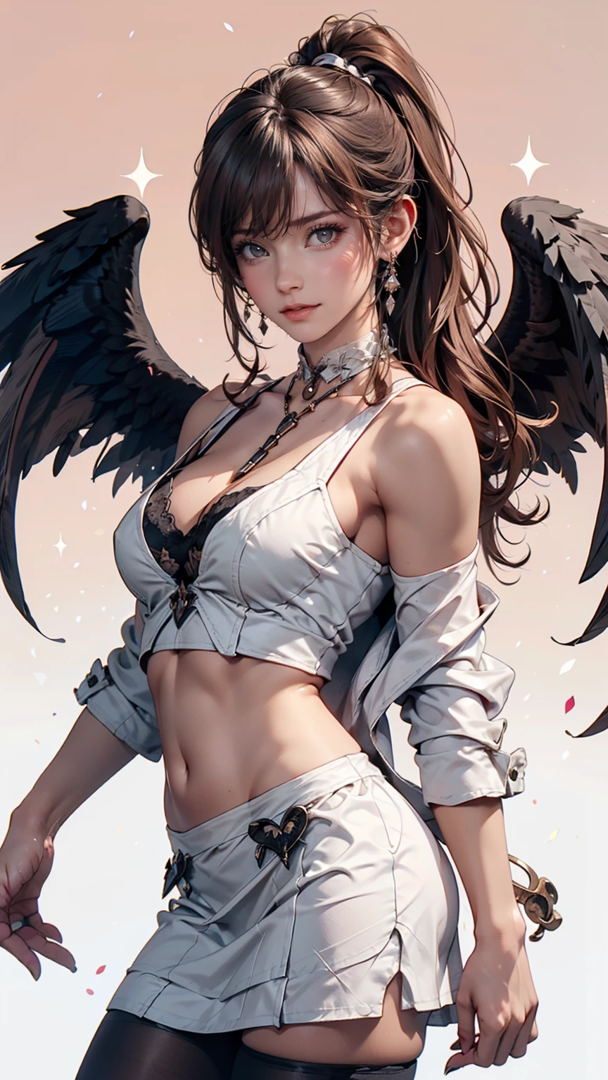 Cowboy Shot, (Black wings:1.2), Very long hair, Side Ponytail, choker, Holding, Off the shoulder, (White micro mini dress:1.3), White midriff jacket,Hello,24-year-old female、Saggy breasts、Sexy proportions、mature female body、Alluring、erotic、Micro Mini Flared Skirt、Stiletto heels、Pink Background