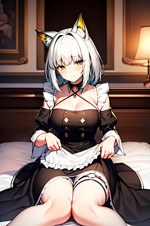 masterpiece, Highest quality, (Focus on one person), (Perfect Face:1.1), (Attention to detail:1.1), Maid, Arknights, Kelsey, Luxury beds, Lying on your back, Kelsey , Spread your legs, 口を閉じてExpressionless, Expressionless, Five fingers, Not laughing, Maid, Greenish white hair, Yellow-green eyes