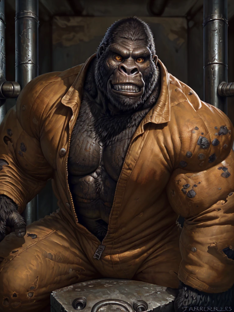 Prison setting, prison cell, gorilla, equine, orange clothing, prison jumpsuit, flex, muscular, barazoku, evil grin, torn clothing,
by taran fiddler, [by morticus], (Sharp focus, masterpiece, 8k, intricate artwork, hyper detailed, high detail),