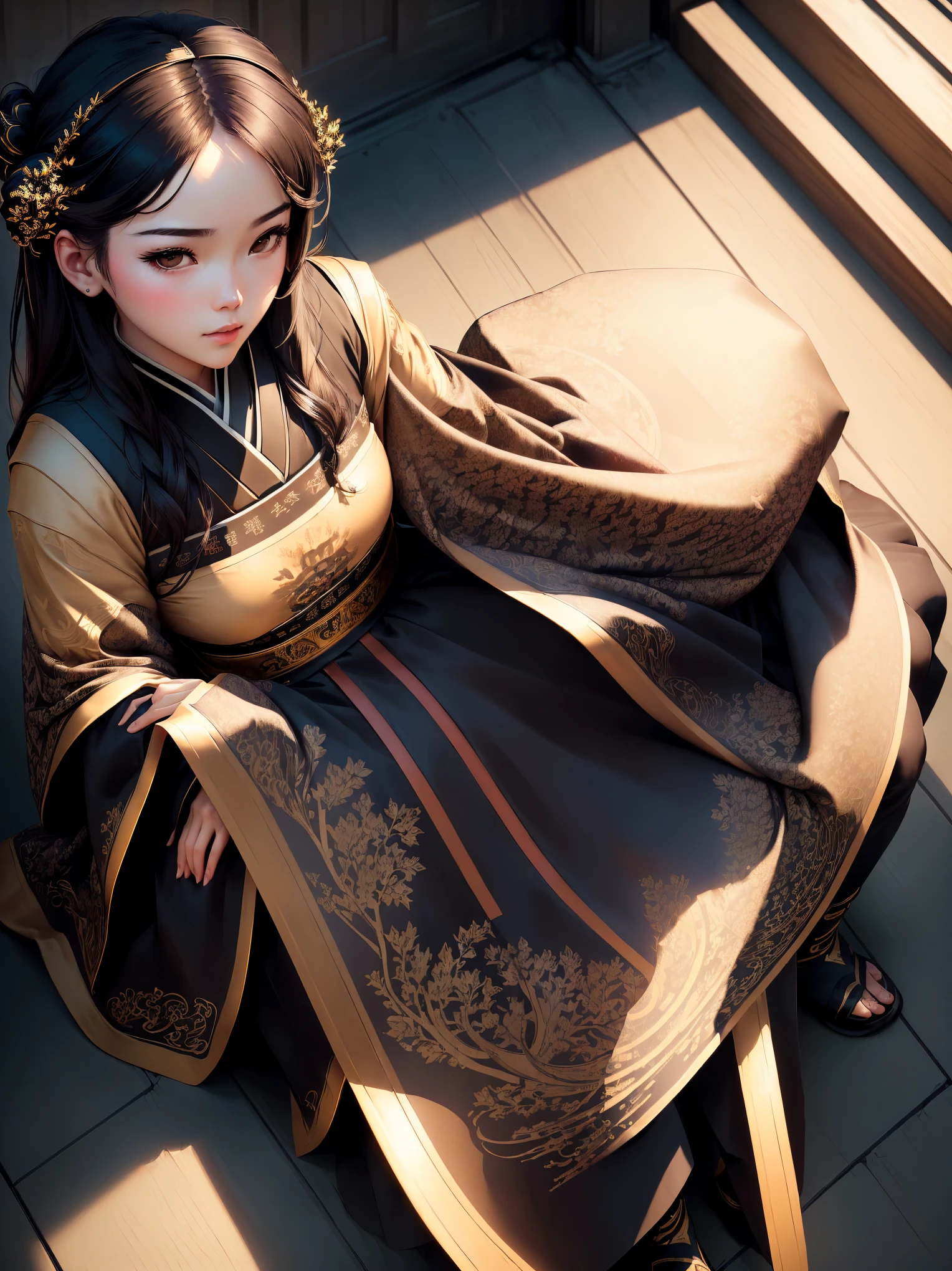 best quality, masterpiece, cinematic lighting, intricate, simple background, detailed face, full body, (outline:1.2), (popart:1.3), lineart, , , 1girl, sitting, hanfu, skistyle,, ,  