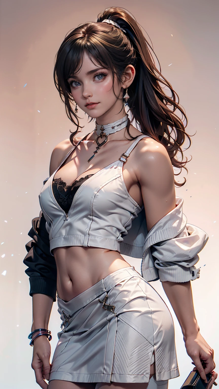 Cowboy Shot, (Black wings:1.2), Very long hair, Side Ponytail, choker, Holding, Off the shoulder, (White micro mini dress:1.3), White midriff jacket,Hello,24-year-old female、Saggy breasts、Sexy proportions、mature female body、Alluring、erotic、Micro Mini Flared Skirt、Stiletto heels、Pink Background