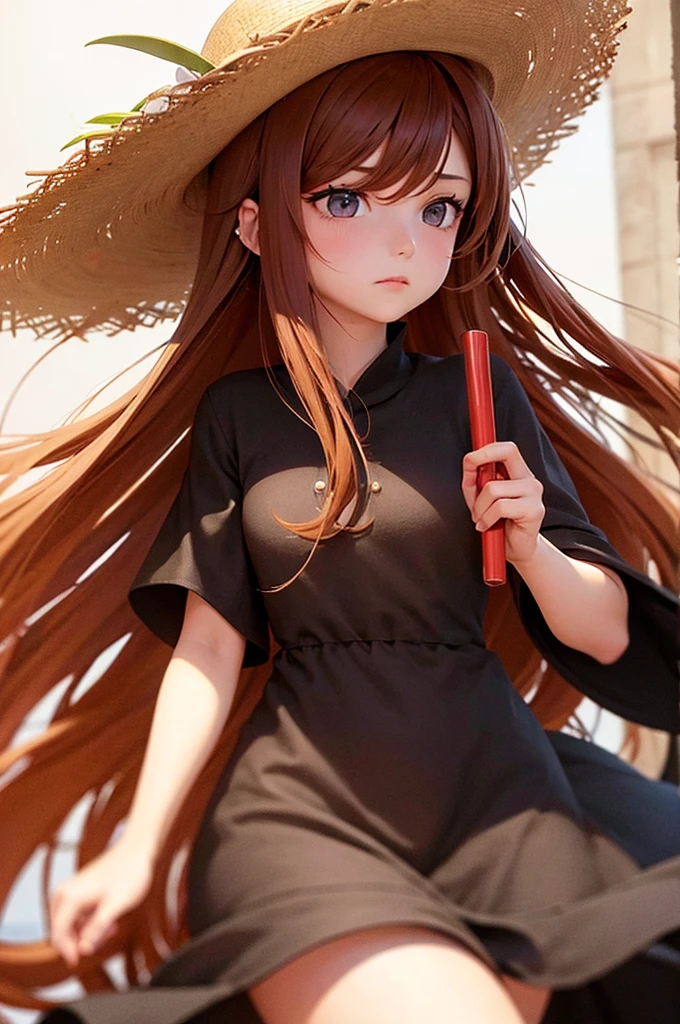 Reddish brown hair　Wavy Long Hair　Brown eyes　Slanted Eyes　A sulky expression　straw hat　Dutch dress　City