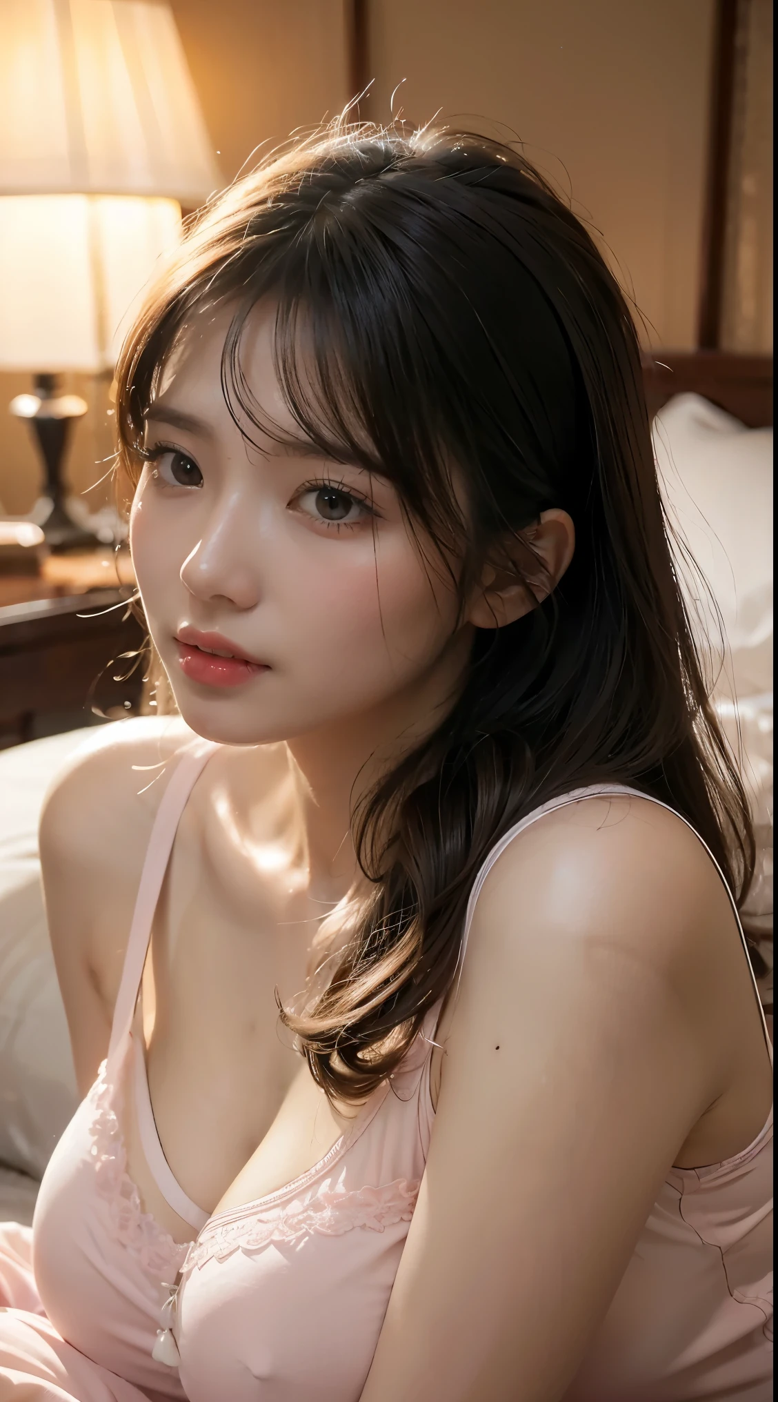 1girl in seethrough pajamas sleeping in a king bed, big breasts, beautiful detailed eyes, beautiful detailed lips, extremely detailed eyes and face, long eyelashes, elegant, serene expression, soft lighting, bedroom interior, high quality, 8k, photorealistic, cinematic lighting, warm colors, chiaroscuro, dramatic shadows, masterpiece