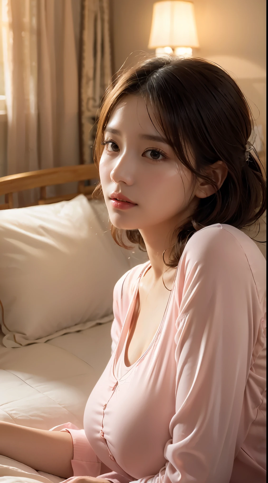 1girl in seethrough pajamas sleeping in a king bed, big breasts, beautiful detailed eyes, beautiful detailed lips, extremely detailed eyes and face, long eyelashes, elegant, serene expression, soft lighting, bedroom interior, high quality, 8k, photorealistic, cinematic lighting, warm colors, chiaroscuro, dramatic shadows, masterpiece