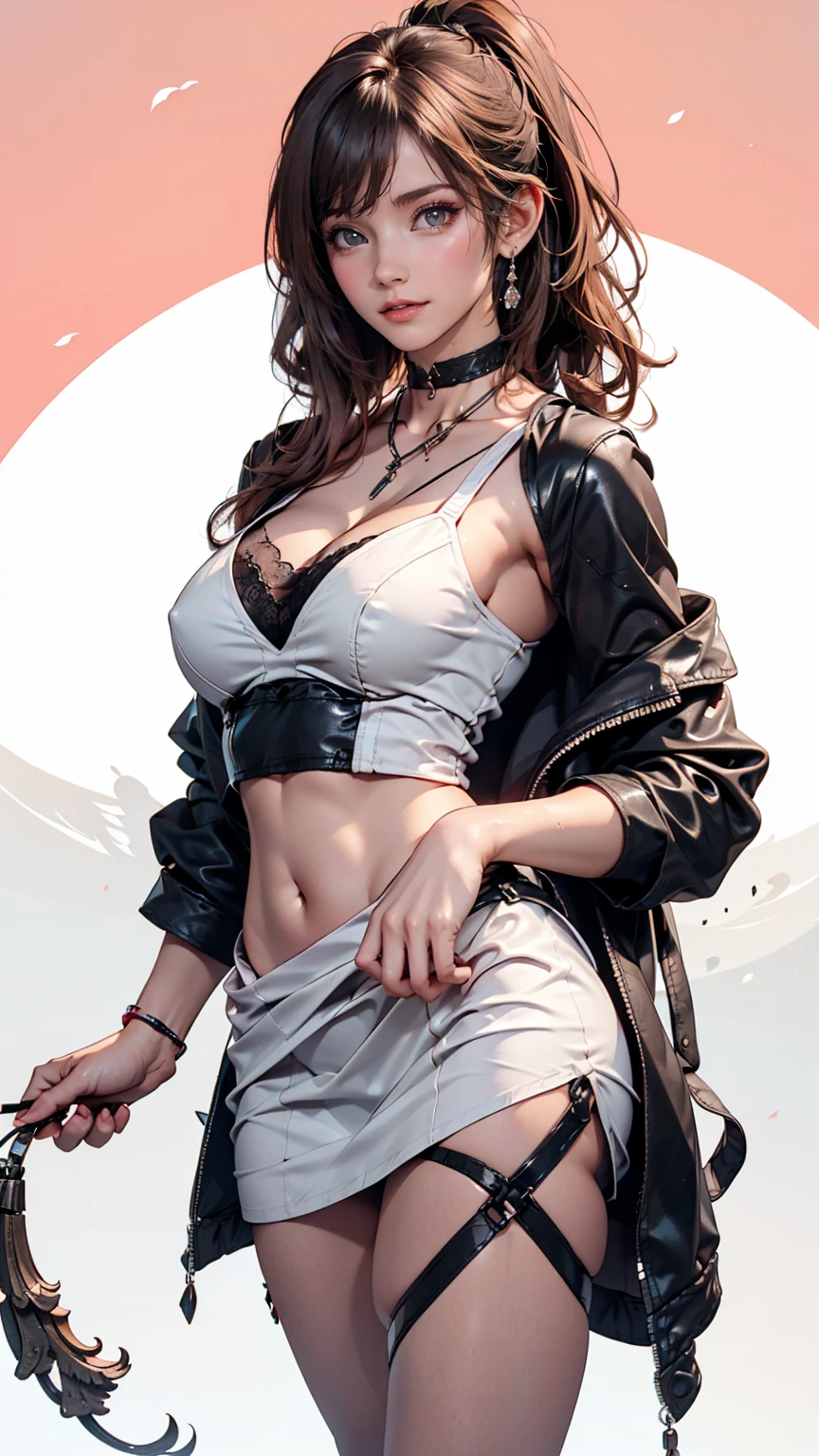 Cowboy Shot, (Black wings:1.2), Very long hair, Side Ponytail, choker, Holding, Off the shoulder, (White micro mini dress:1.3), White midriff jacket,Hello,24-year-old female、Saggy breasts、Sexy proportions、mature female body、Alluring、erotic、Micro Mini Flared Skirt、Stiletto heels、Pink Background