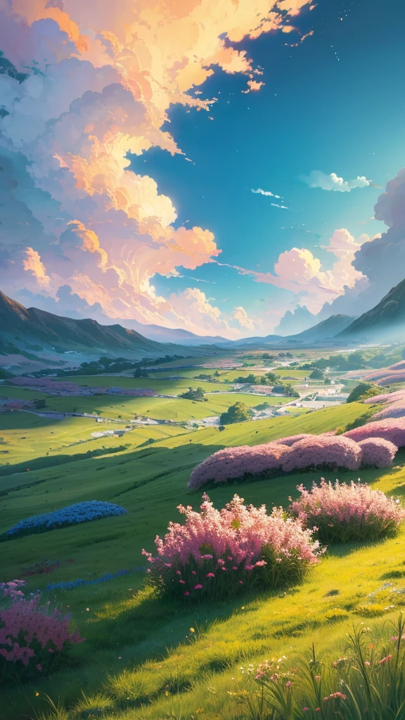 Bright sky,Landscape painting.Masterpiece,Makoto Shinkai Cyril Rolland, anime art wallpaper 4k, anime art wallpaper 4k, Cyril Rolland and Goro Fujita, Anime Art Wallpapers 8K, 4k anime wallpaper, anime wallpaper 4k, anime wallpaper 4k, ( ( Makoto Shinkai ) ), Makoto Shinkai,Below is a vibrant flower field