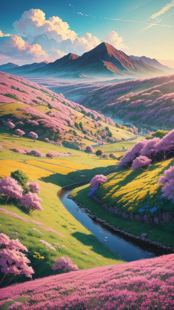 Bright sky,Landscape painting.Masterpiece,Makoto Shinkai Cyril Rolland, anime art wallpaper 4k, anime art wallpaper 4k, Cyril Rolland and Goro Fujita, Anime Art Wallpapers 8K, 4k anime wallpaper, anime wallpaper 4k, anime wallpaper 4k, ( ( Makoto Shinkai ) ), Makoto Shinkai,Below is a vibrant flower field