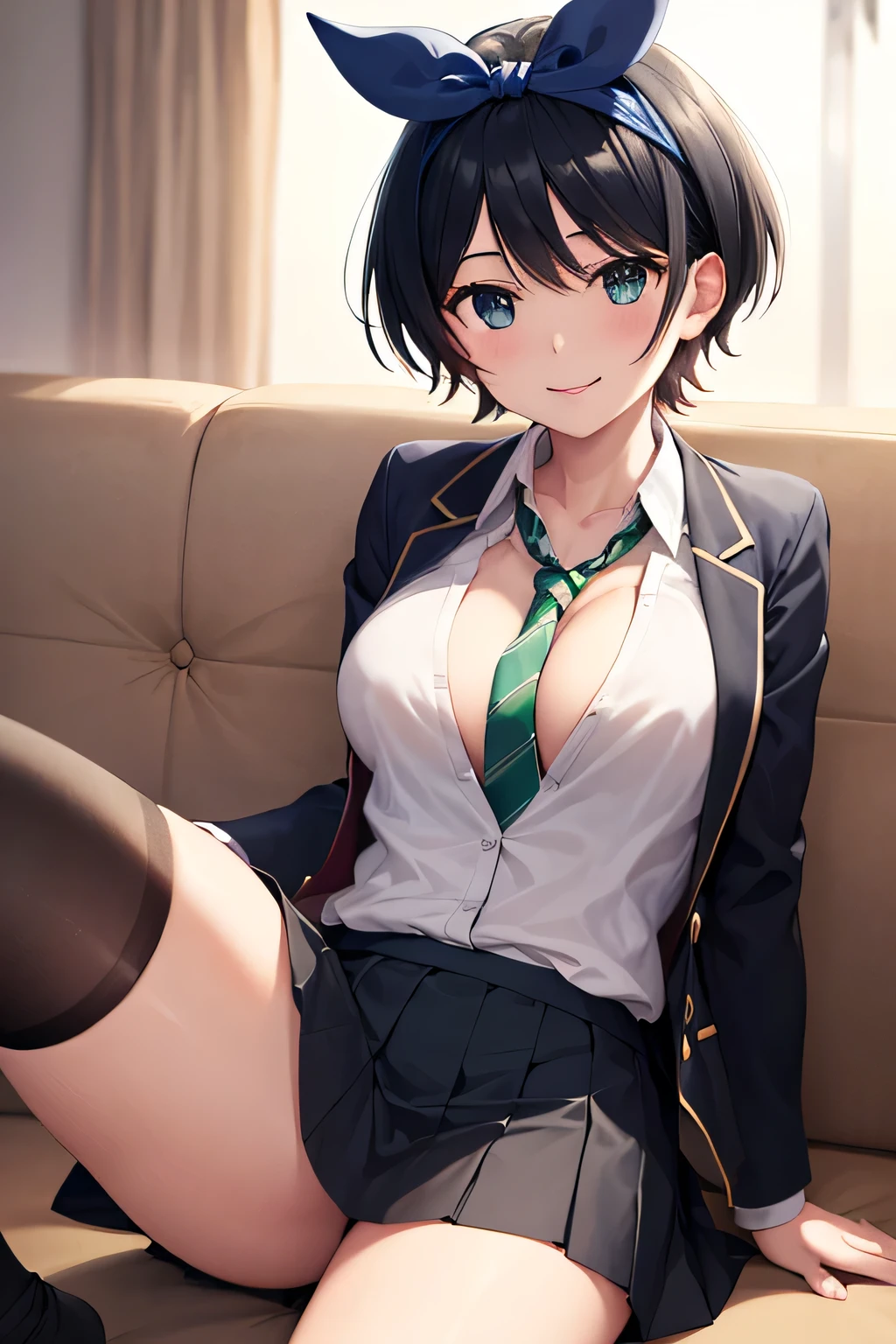 masterpiece, best quality,high resolution、realistic、Detailed、((extremely delicate and beautiful fabric):1.3)、 8k、large boob、 1girl, solo, skirt, jacket, shirt, blue eyes, white shirt, necktie, green necktie, black hair, pleated skirt, socks, diagonal-striped necktie, open jacket, open clothes, striped necktie, collared shirt, black jacket, black skirt, striped, blazer, short hair, long sleeves, bangs, , black socks, diagonal stripes, hairband, hair ribbon, ribbon, blue hairband, dress shirt, bow,  cowboy shot, smile,cleavage、livingroom、on sofa