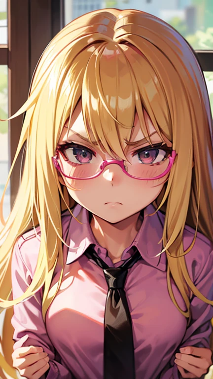 Blonde haired girl with pink glasses half naked and with an angry expression