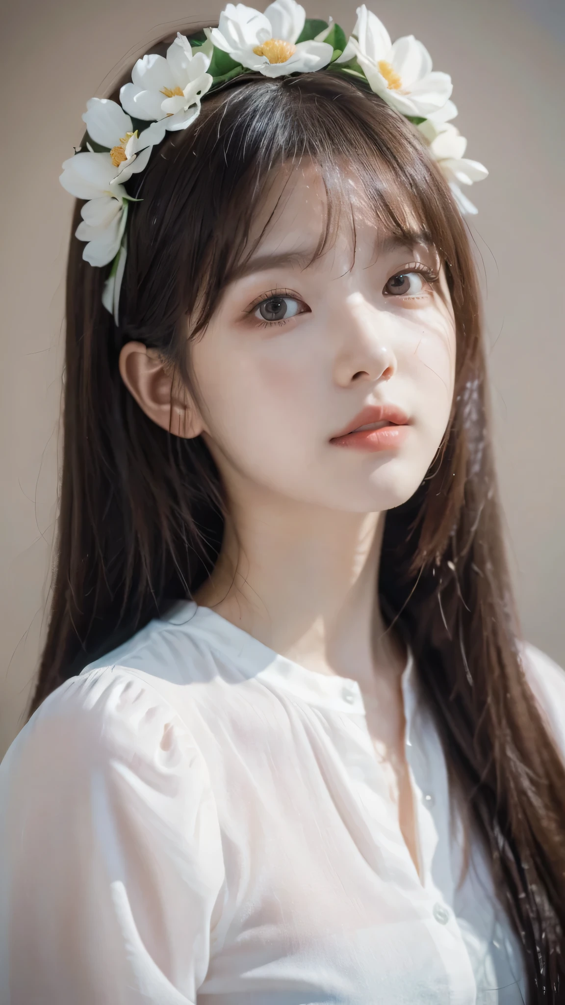 anime girl with long black hair wearing a white shirt and a flower crown, beautiful anime portrait, stunning anime face portrait, beautiful anime girl, kawaii realistic portrait, detailed portrait of anime girl, portrait anime girl, realistic anime 3 d style, realistic young anime girl, realistic anime artstyle, young anime girl, anime realism style, realistic anime art style