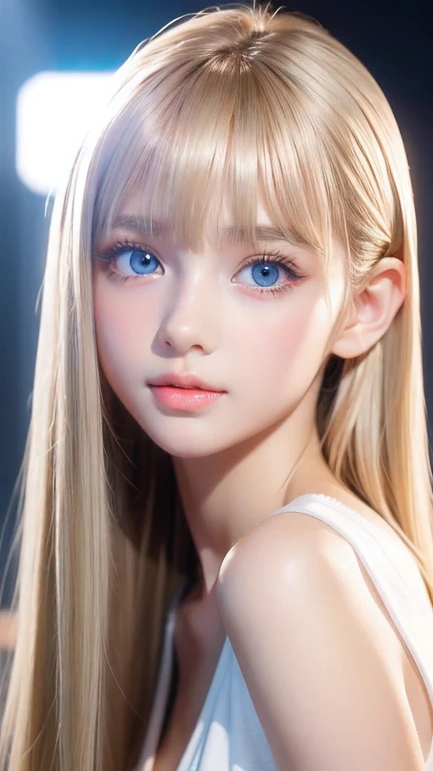 Unparalleled beauty, Extremely white, firm and lustrous skin, Bangs between the eyes, Bangs over both eyes、Beautiful shiny, straight, natural platinum blonde, Super long, straight, silky, beautiful blonde hair, eyeliner, A truly beautiful girl、Sexy beautiful innocent 14 years old, Beautiful, large, light blue eyes that sparkle like jewels., Beautiful and lovely girl, Baby Face, Short sleeve shirt、Ample Bust、Small Face Beauty、Round face、Cheek highlighter