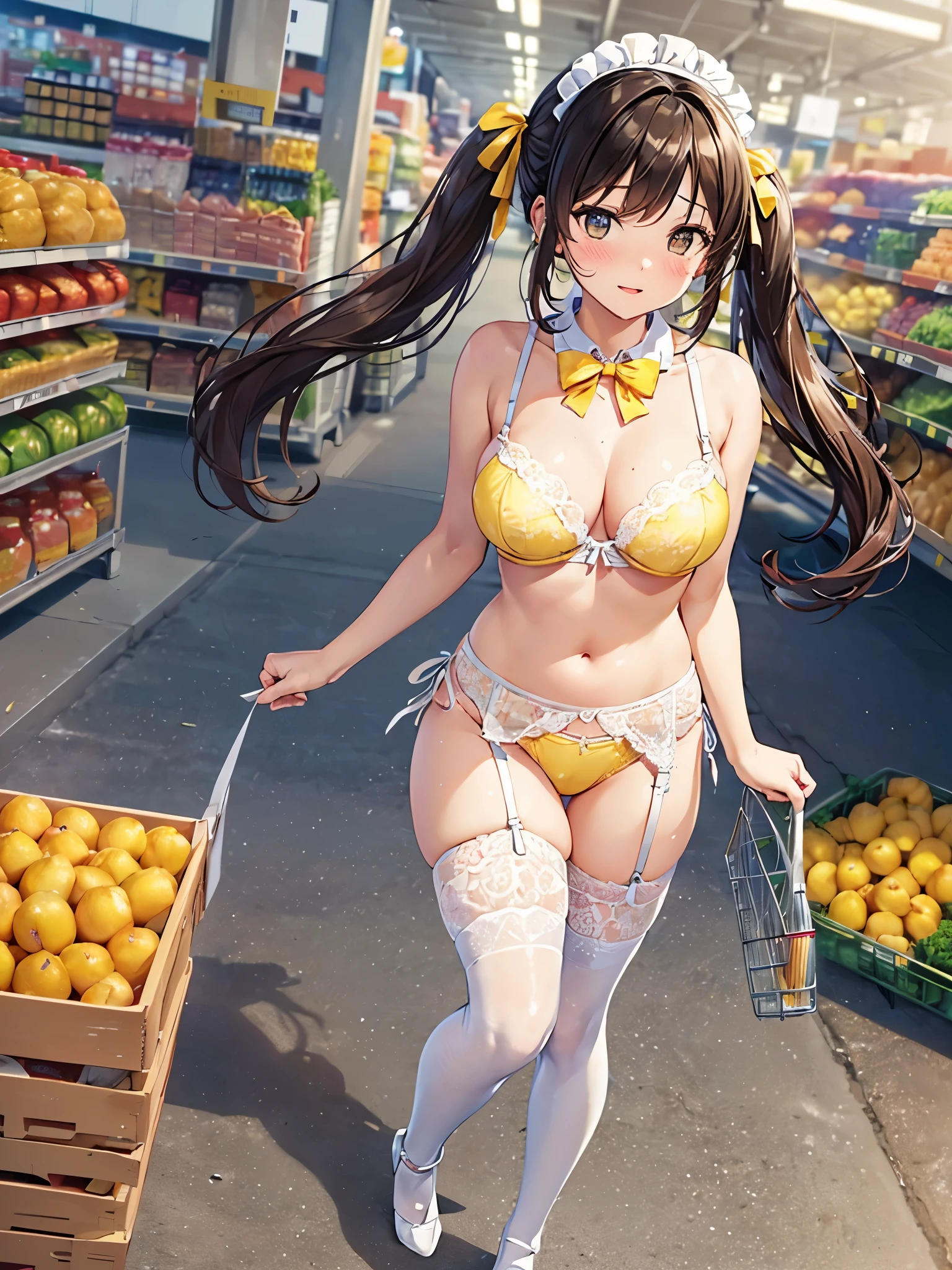 (((masterpiece, Highest quality, High resolution, 超High resolution, Perfect Pixel, Depth of written boundary, 4K, RTTX 10.0))), Beautiful Anime Woman, Beautiful art style, Anime characters, ((Smooth texture, Realistic texture, Anime CG Style)), Perfect and accurate finger count、Exact number of legs、(Exact number of arms:1.0, Exact number of hands:1.0), (Perfect hands, Perfect Anatomy), Cinematic, Realistic, Extremely detailed CG, Daytime lighting, Perfect lighting, Best Shadow, The best natural light, whole body, Perfect body, バランのとれたPerfect body, Perfectly balanced style, Soft body, ((bangs, Dark brown hair, Twin tails, High Up)), ((A cute adult woman is walking towards me:1.8)), ((Bow tie around neck:1.3), (Sexy and cute yellow underwear:1.3), (Stylish shiny yellow satin panties, Side-tie yellow panties, Panties with plain yellow center and lace decoration on the sides, Light yellow panties:1.4), (Yellow micro lace satin bra, Yellow bra with large lace trim around the edges, Yellow open cup bra, A gorgeous yellow bra with lace, Thin bra:1.4), (lace garter belt, Garter Strings, Knee socks:1.3):1.3), (Beautiful big boobs:1.1), (Embarrassed expression:1.7), blush, (supermarket, Merchandise Shed, aisle, Many visitors in the background, Inside the crowded store:1.7), naked, belly button, In underwear, ブラとパンティとガーターベルトとKnee socksのみ,  (Maid&#39;s white frilly headband:1.1), Angle from the front