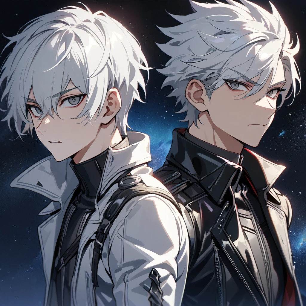 High quality, HD, 4k, no shadows, handsome male, 1male, , teenager, short white hair, silver hair, white hair, sharp eyes, dark grey colored eyes, deep grey eyes, grey eyes, devil may cry, close up, calm expression, stoic expression, black leather clothes, white leather clothing, lean body, well trained body, upper body, looking at viewer, cowboy shot, white solar, space background