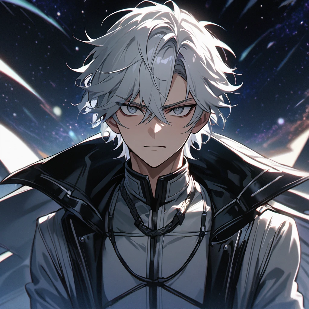 High quality, HD, 4k, no shadows, handsome male, 1male, , teenager, shwhite hair, silver hair, white hair, sharp eyes, dark grey colored eyes, deep grey eyes, grey eyes, devil may cry, close up, calm expression, stoic expression, black leather clothes, white leather clothing, lean body, well trained body, upper body, looking at viewer, cowboy shot, white solar, space background