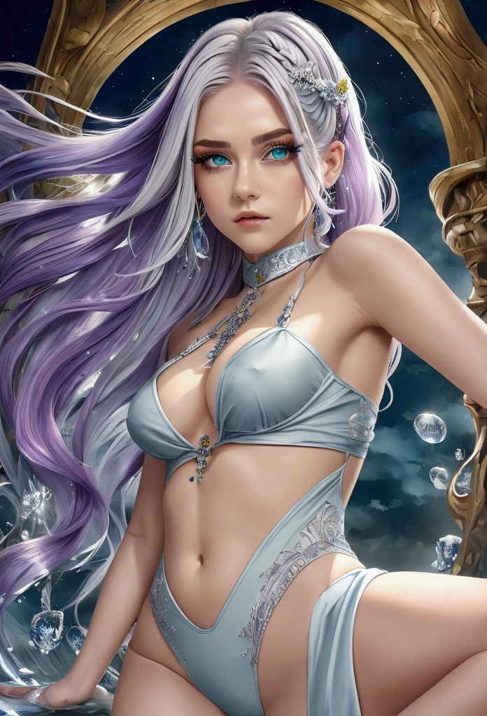 1.5),(1 girl),(dynamic pose),(multicoloRed hair+silver hair:1.3+Red hair:1.2+purple hair+Yellow hair:1.3+green fur:1.3),(blue eyes),(Neckband),(floating),(cloud),(too many drops of water),(twilight),(watercolor),(plano general)