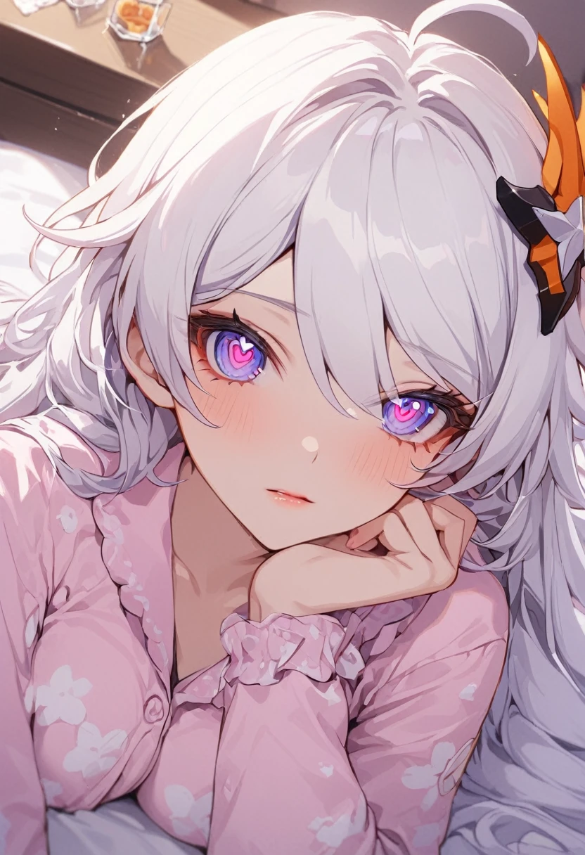 (masterpiece), best quality, expressive eyes, perfect face,detail eyes,4k,'Score_9, score_8, score_7_up,1girl, good hand,solo,

Kiana Kaslana ,(Honkai Impact 3rd), Messy hair,symbol-shaped pupils, hair ornament, ahoge, very long hair, purple eyes,White hair , large breast,athletic body,pink lips,pajamas,

Living room scenery, lying on side,low light , from above, looking at viewer , close up, 