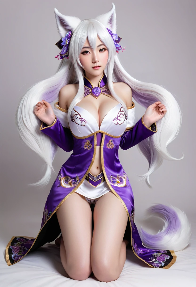 (masterpiece, top quality, best quality, official art, beautiful and aesthetic:1.2),(((Realistic, Photorealistic))). Actual image of a girl kneels gracefully. Silk outfit featuring purple and black tones, embellished with ornate gold patterns. Chinese ancient. Big breast. View to the viewer. She has long, flowing white hair and pointed, fox ears. (white hair). She has 9 tails of purple and white. Inspired by ahri from league of legends. Her expression is soft and inviting, enhancing her enchanting presence. Photos have high detail. High quality. Studio Lighting. White Background.