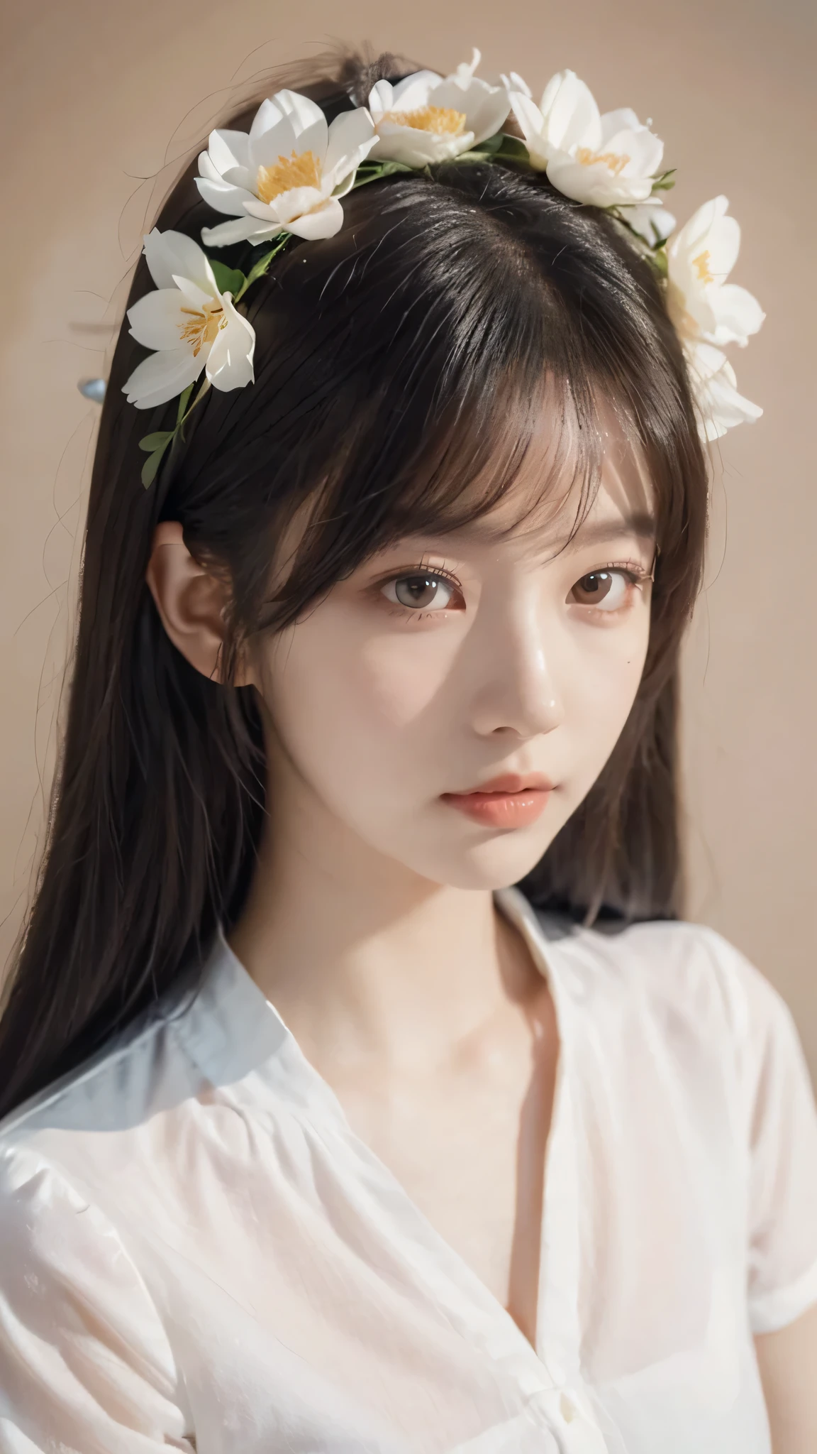 anime girl with long black hair wearing a white shirt and a flower crown, beautiful anime portrait, stunning anime face portrait, beautiful anime girl, kawaii realistic portrait, detailed portrait of anime girl, portrait anime girl, realistic anime 3 d style, realistic young anime girl, realistic anime artstyle, young anime girl, anime realism style, realistic anime art style