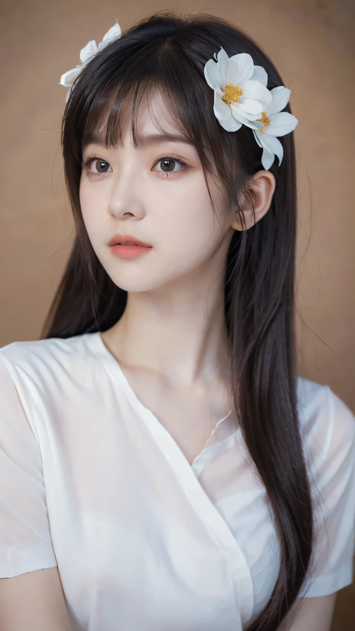 anime girl with long black hair wearing a white shirt and a flower crown, beautiful anime portrait, stunning anime face portrait, beautiful anime girl, kawaii realistic portrait, detailed portrait of anime girl, portrait anime girl, realistic anime 3 d style, realistic young anime girl, realistic anime artstyle, young anime girl, anime realism style, realistic anime art style