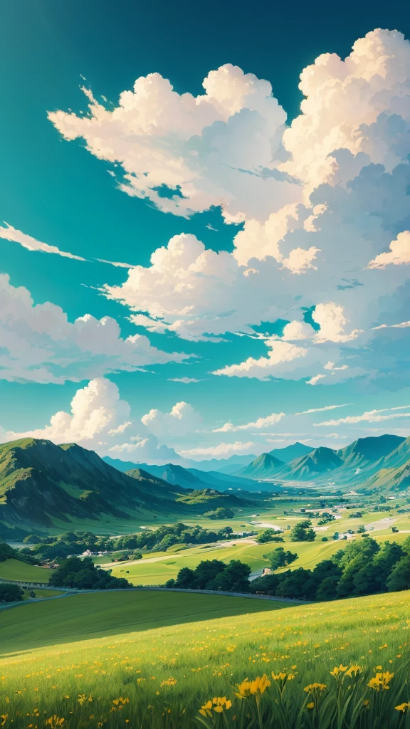 Bright sky,Landscape painting.Masterpiece,Makoto Shinkai Cyril Rolland, anime art wallpaper 4k, anime art wallpaper 4k, Cyril Rolland and Goro Fujita, Anime Art Wallpapers 8K, 4k anime wallpaper, anime wallpaper 4k, anime wallpaper 4k, ( ( Makoto Shinkai ) ), Makoto Shinkai,Below is the bright green grassland,Countless clouds in the sky