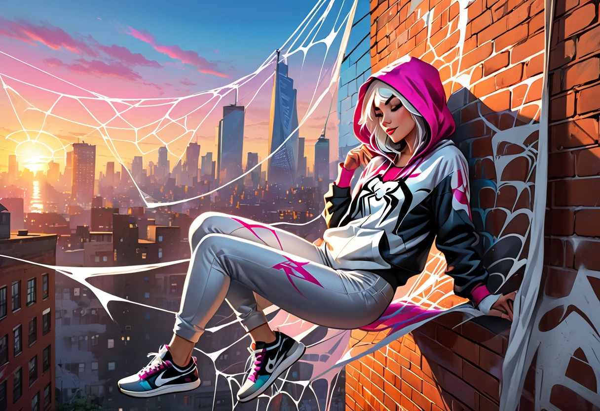 graffiti, pastel, graffiti on brick wall, spray paint on wall, colorful graffiti, street art, Spider Gwen lying in white web hammock, Spider Gwen outfit, skyscraper roof, seductive, hoodie, tight clothes, sneakers, attractive body, sunset, glow, fantasy, magical,