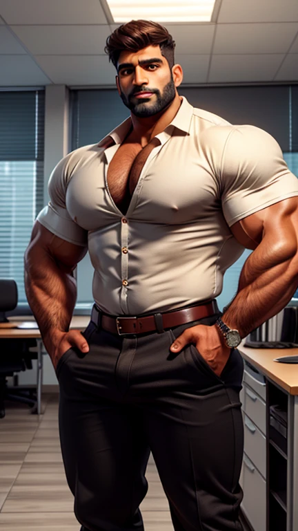 Two 40 years old handsome indian male standing together in one photo, defined big fluffy hairy pecs, conversative politican, brown hair, smooth oily skin, in low cut shirt black pant with huge bulge, standing in office, manspread, in luxury office, full hd, hdr, clear picture, sharpness in picture, masterpiece, 8k
