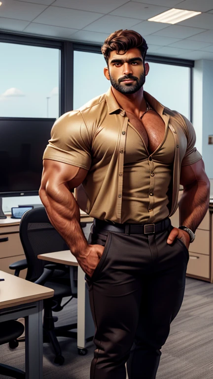 Two 40 years old handsome indian male standing together in one photo, defined big fluffy hairy pecs, conversative politican, brown hair, smooth oily skin, in low cut shirt black pant with huge bulge, standing in office, manspread, in luxury office, full hd, hdr, clear picture, sharpness in picture, masterpiece, 8k