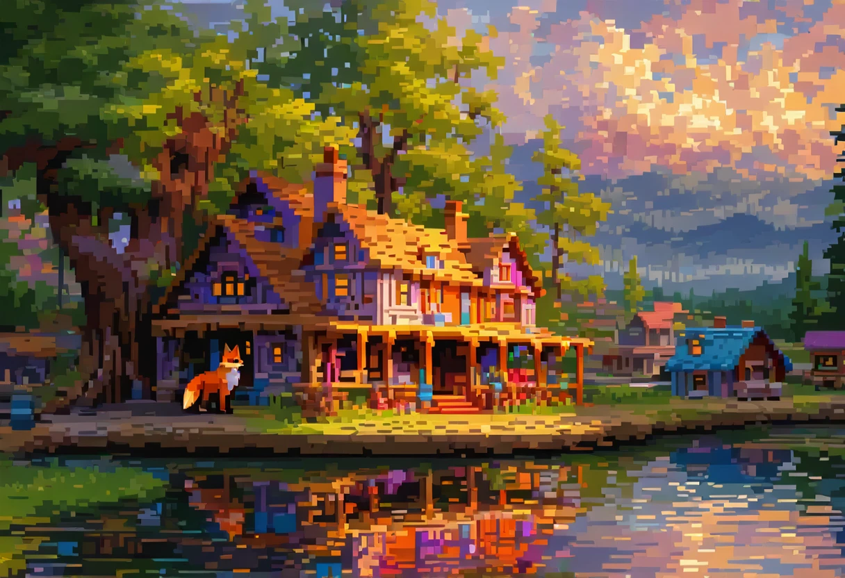 A girl with long black hair with extremely bright orange tips, holding a cute red fox, standing near a beautiful lake with colorful houses in the background, highly detailed pixel art, (best quality,4k,8k,highres,masterpiece:1.2),ultra-detailed,(realistic,photorealistic,photo-realistic:1.37),intricate details,vibrant colors,stunning lighting,stunning landscape,enchanting atmosphere