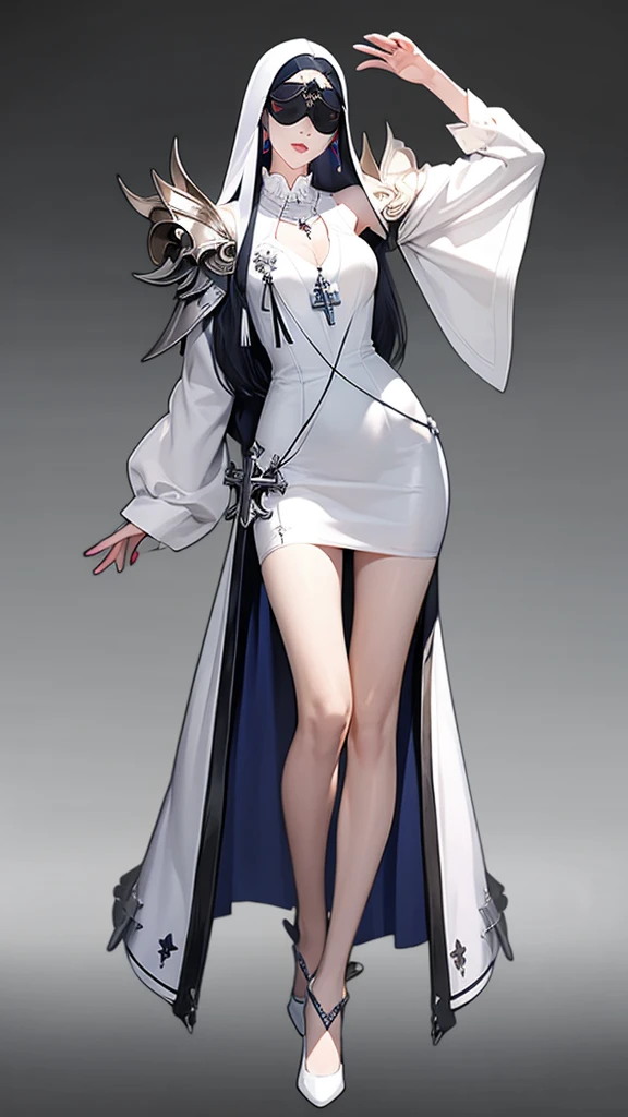 A woman，【Professional Saint】【Full body character，Standing picture，White long hair，Wearing an eye mask，Korean game style，Holy Woman，】】】】】，Exquisite facial features，4K，Eye refinement，Slender legs，White background，Long legs，Clear line drawings，Hand movements，individual，Complete hand，Complete foot，Masterpiece，White Dress，Metal Cross Necklace，pope，Cardigan Dress。 