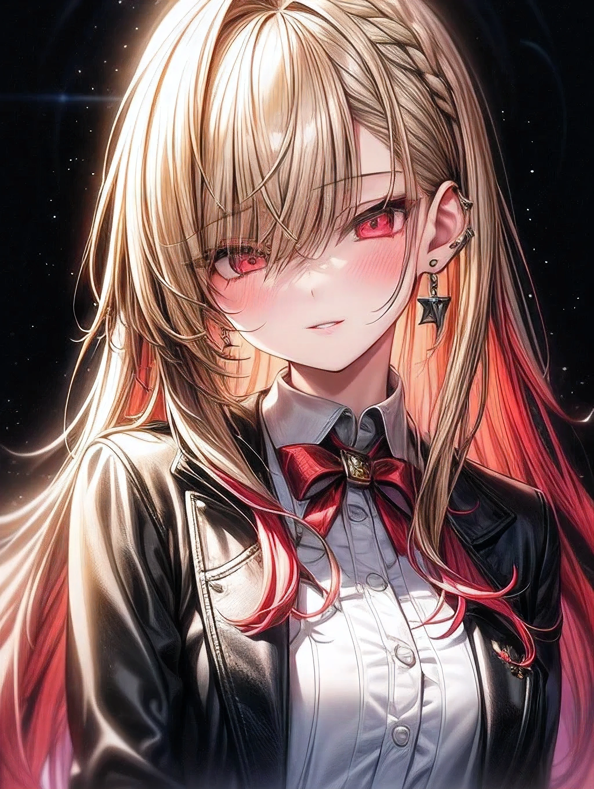1girl, solo, looking at viewer, long hair, simple background, red hair, shirt, jewelry, jacket, white shirt, upper body, earrings, parted lips, collared shirt, long hair, necklace, black jacket, head tilt, makeup, formal, half-closed eyes, suit, lipstick, gradient background, red lips,red eyes, glowing blonde highlights