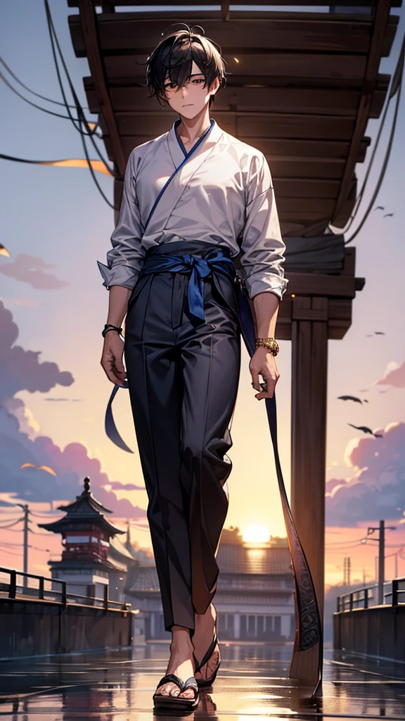 Yankyoju is a young man of average height, medindo cerca de 1,75 meters, with a slender but strong build, reflection of his many adventures at sea. Her black hair is a little long and messy, falling slightly over your eyes, giving it a carefree air. His black eyes are deep and expressive, radiating a kindness and tenderness that earns the trust of everyone around him.
He usually wears simple, practical clothes, His typical attire includes a white linen shirt with rolled-up sleeves., a navy blue sash tied around the waist and chunky brown pants. Yankyoju always wears a pair of leather sandals, that facilitate your mobility during battles and daily activities on the ship.
A notable detail in his appearance is a wooden bead bracelet that he always wears on his left wrist.. This bracelet was a gift from your mother, and he considers her a lucky charm. Furthermore, he has a thin scar on his right cheek, result of one of his first battles against invading pirates, a constant reminder of your mission to protect the weakest.
Despite her modest appearance, Yankyoju's presence is remarkable due to his warm smile and the aura of confidence and kindness he exudes. His generally serene and friendly expression hides the fierce determination that comes when he is defending his friends and ideals..