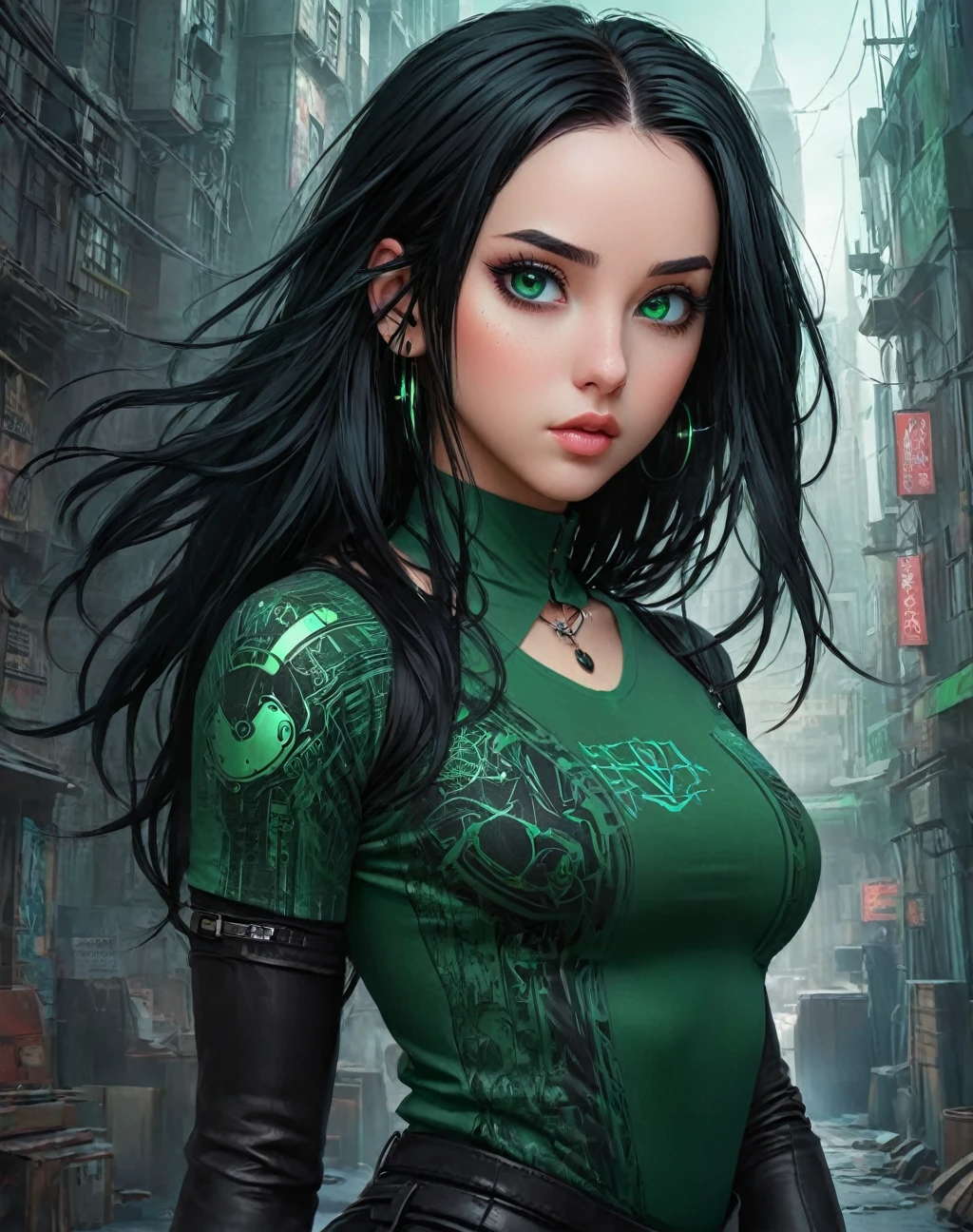 a Beautiful daughter of severus snape,11 years , green eyes , with black hair and piercings wearing a green top, rossdraws vibrant, rossdraws pastel vibrant, cyberpunk art, cyberpunk artstyle, cyberpunk art, vibes, cyberpunk style color, decora inspired illustrations, Digital Cyberpunk - Art, 8 0 s anime vibe, cyberpunk girl, digital cyberpunk art, Arte estilo de cyberpunk