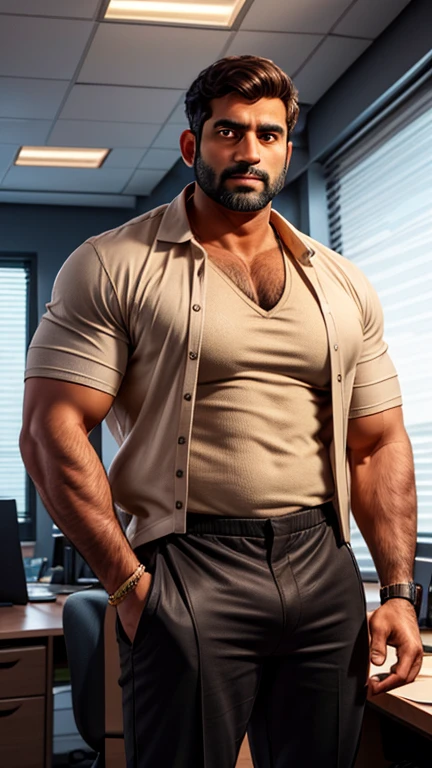 Two 40 years old handsome indian male standing together in one photo, defined big fluffy hairy pecs, conversative politican, brown hair, smooth oily skin, in low cut shirt black pant with huge bulge, standing in office, manspread, in luxury office, full hd, hdr, clear picture, sharpness in picture, masterpiece, 8k