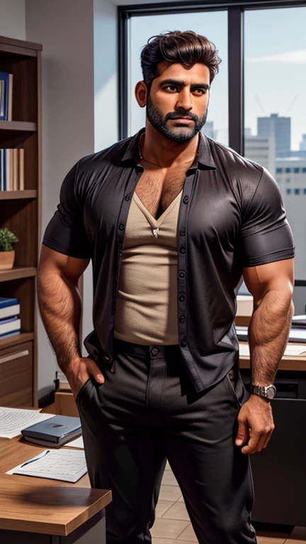 Two 40 years old handsome indian male standing together in one photo, defined big fluffy hairy pecs, conversative politican, brown hair, smooth oily skin, in low cut shirt black pant with huge bulge, standing in office, manspread, in luxury office, full hd, hdr, clear picture, sharpness in picture, masterpiece, 8k 