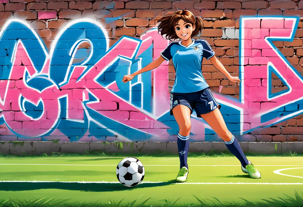 graffiti, pastel, graffiti on brick wall, spray paint on wall, color graffiti, street art,
score_9, score_8_up, score_7_up, score_6_up, score_5_up, score_4_up, original anime, action shot, play soccer, motion lines, 1girl, soccer ball, sportswear, soccer uniform, full body, happy, line drawing, action effect, hotel transylvania, thin waist, skinny, grass field background