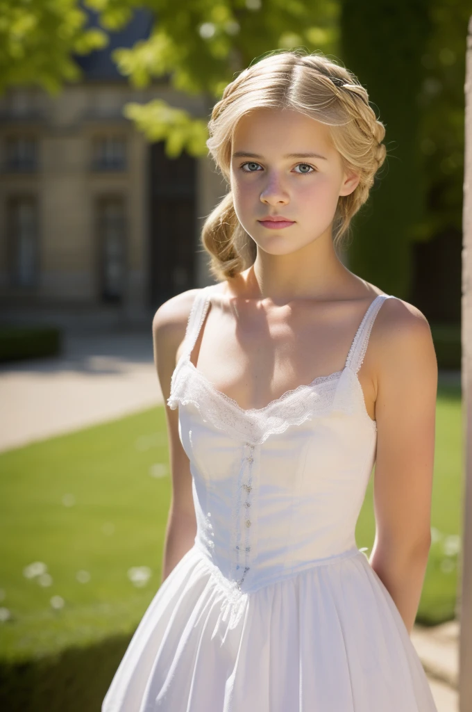 Paris, 1695. A ((((-yeld)) icity Worthington)), intelligent look, in the gardens of a boarding school for ladies. ((((white from the 16th century)))), ((blonde hairstyle from the 10s)) , No bra, bare shoulders,