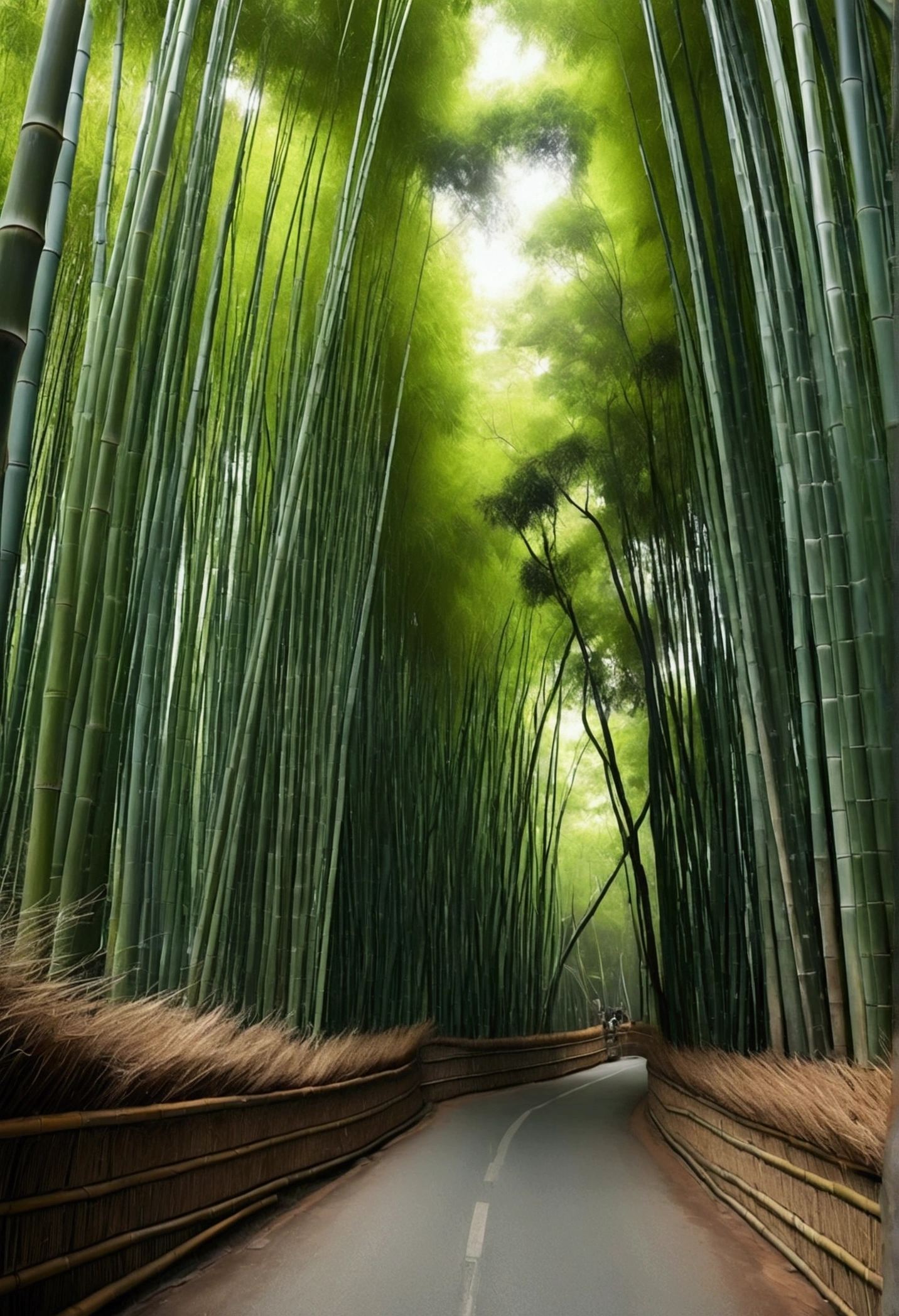Mysterious bamboo forest,Deep winding roads。