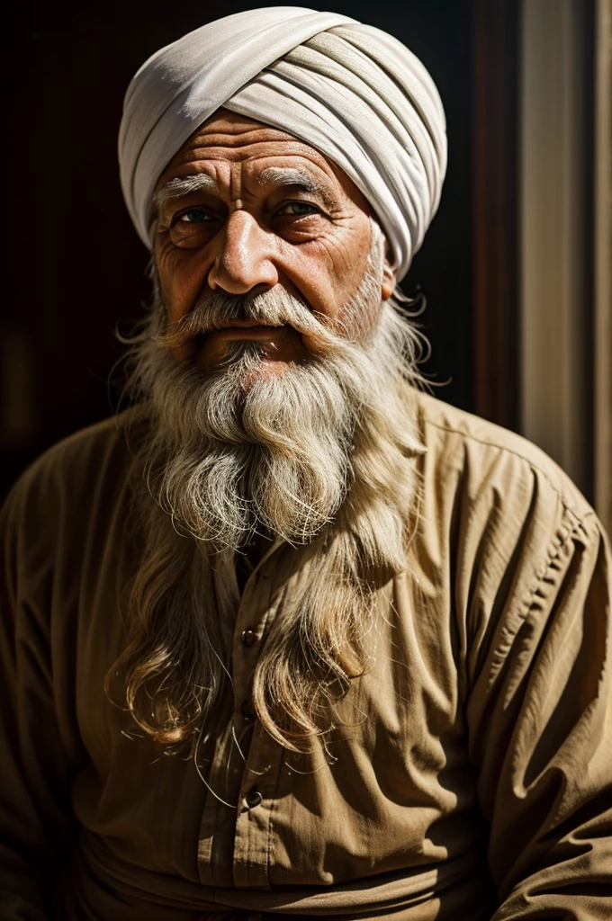 An old-fashioned wise man with a white and curly beard, a thick turban on his head, and a few wrinkles on his face, writing with a light shining on it.
Like a painting