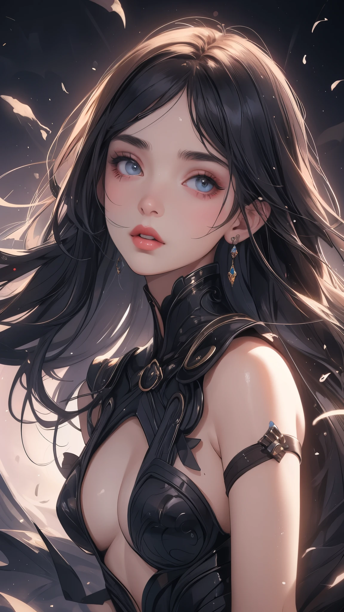 rosto de Emily Rudd: Dua Lipa, sultry posing, (Symmetrical) conceptual artwork, dark fantasy background, abstract beauty, hyperdetailed, not brom style,