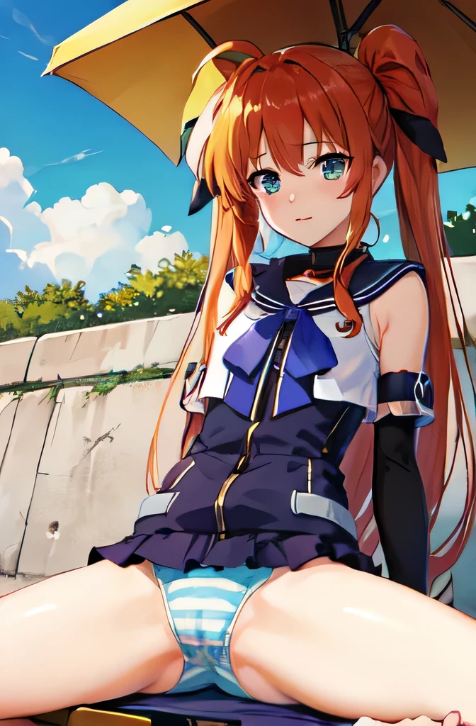 ((4k)),2d cel anime, {{takamachi nanoha, magical girl lyrical nanoha StrikerS}}, very aesthetic, best quality,Sitting on the floor,Parks with good weather,(Spread your legs:1.5),Striped panties