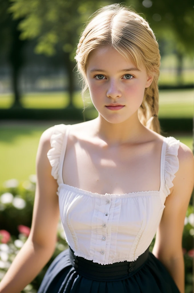 Paris, 1895. A ((((-yeld)) icity Worthington)), intelligent look, in the gardens of a boarding school for ladies. ((((white from the 18th century)))), ((blonde hairstyle from the 10s)) , No bra, bare shoulders,