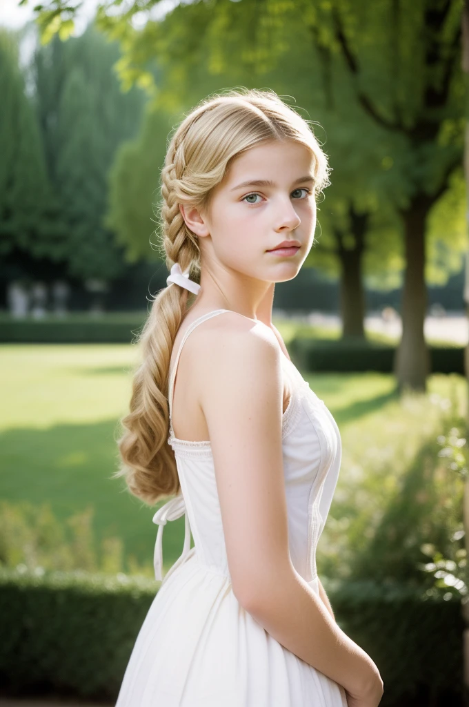 Paris, 1895. A ((((-yeld)) icity Worthington)), intelligent look, in the gardens of a boarding school for ladies. ((((white from the 18th century)))), ((blonde hairstyle from the 10s)) , No bra, bare shoulders,