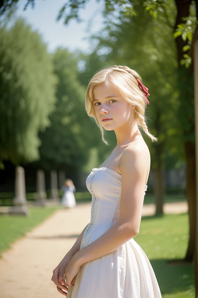 Paris, 1895. A ((((-yeld)) icity Worthington)), intelligent look, in the gardens of a boarding school for ladies. ((((white from the 18th century)))), ((blonde hairstyle from the 10s)) , No bra, bare shoulders,