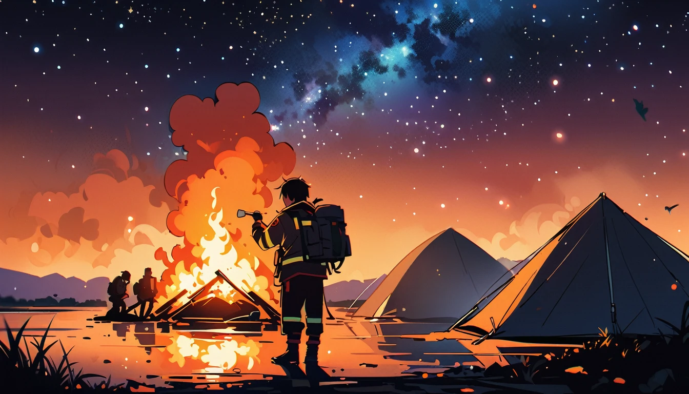 (high quality, 8k, 4K, High Contrast, masterpiece:1.2, 最high quality, Best aesthetics), campfire, night lakeside, Tents and camping equipment, Firefighter, A person stuffing their cheeks with food, Man standing next to a tent, smile, Look up at the starry sky, Fun time, Wide々And, Soft bonfire light, Best memories,