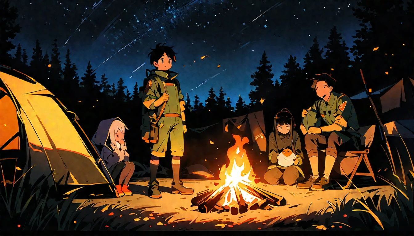 (high quality, 8k, 4K, High Contrast, masterpiece:1.2, 最high quality, Best aesthetics), campfire, night lakeside, Tents and camping equipment, Firefighter, A person stuffing their cheeks with food, Man standing next to a tent, smile, Look up at the starry sky, Fun time, Wide々And, Soft bonfire light, Best memories,